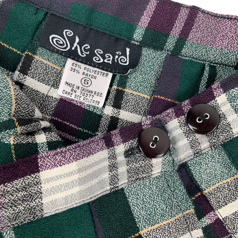 90's SHE SAID purple green pleated plaid school girl mini skirt - Picture 6 of 13